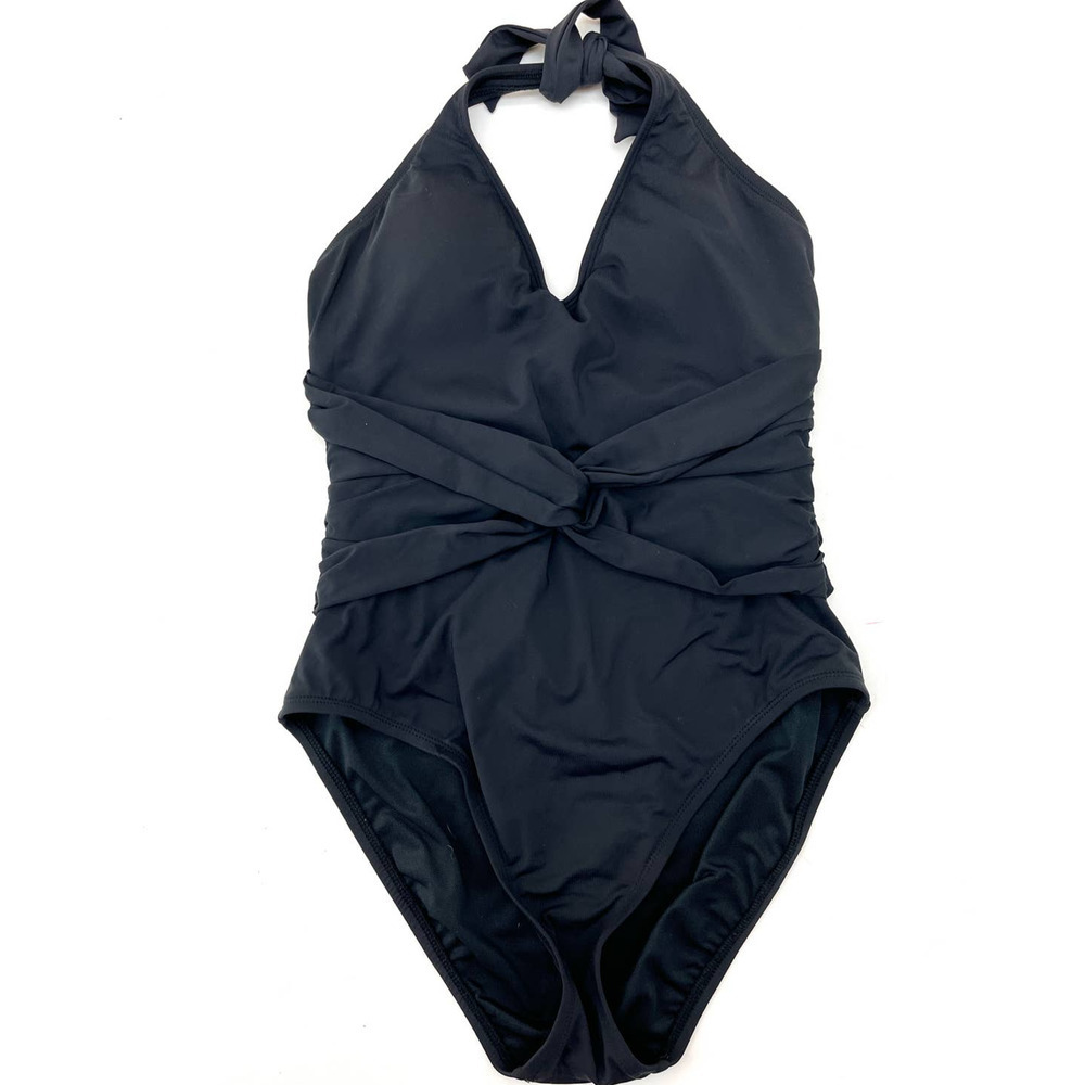 Bleu Rod Beattie Solid Black Twist Front Swimsuit Black Tummy Control Size 6
